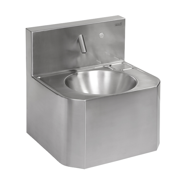 Vandal-proof stainless steel piezo wall-mounted washbasin, for cold and hot water, 24 V DC