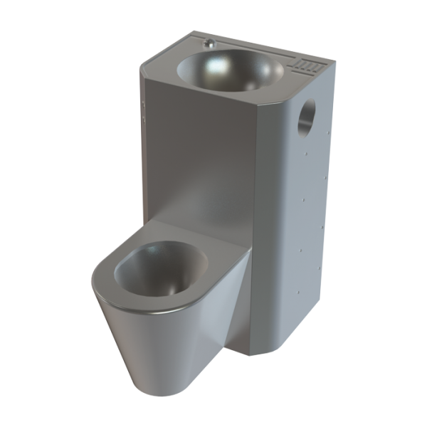 Vandal-proof combination unit with integrated piezo electronics, hanging toilet, service hatch, brushed, 24 V DC