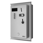 Reccesed coin and token shower timer for four to twelve showers, 24 V DC, choice of shower by the machine, interactive control