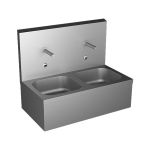 Stainless steel wall hung double sink with integrated electronics, thermostatic mixer, 6 V