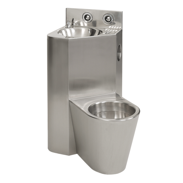 Vandal-proof corner combination unit, floor standing toilet on the right side