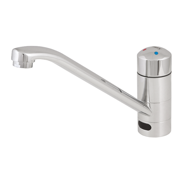 Washbasin and sink mixer with elongated spout, 24 V DC