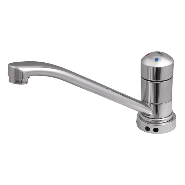 Washbasin and sink tap for double sink with swivel spout, 24 V DC