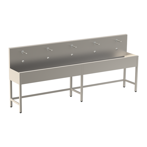 Stainless steel trough with 5 integrated electronics, thermostatic valve, length 3000 mm, 24 V DC