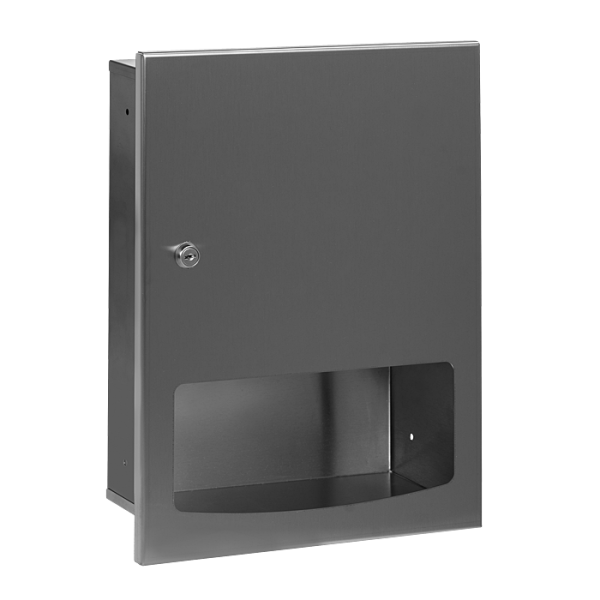 Stainless steel recessed supply bin for a folder paper towels, brushed