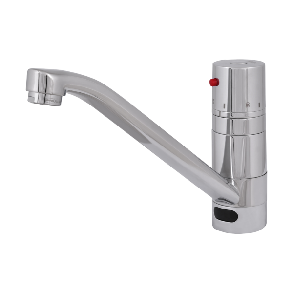 Washbasin and sink thermostatic mixer with elongated spout, 6 V