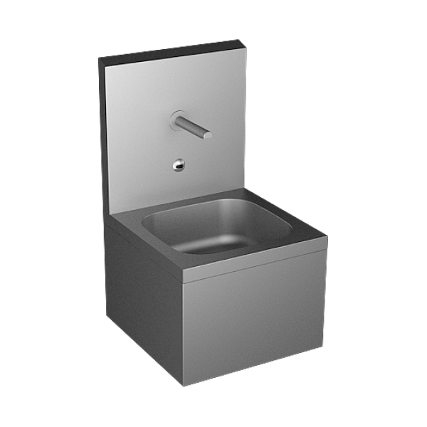 Stainless steel wall hung sink with integrated electronics, 24 V DC