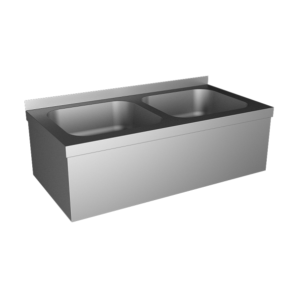 Stainless steel wall hung double sink with apron and with SLU 10, 24 V DC