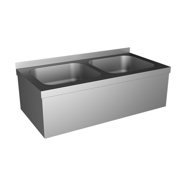 Stainless steel wall hung double sink with apron and with SLU 10B, 6 V