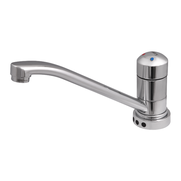 Washbasin and sink mixer with elongated spout, 24 V DC