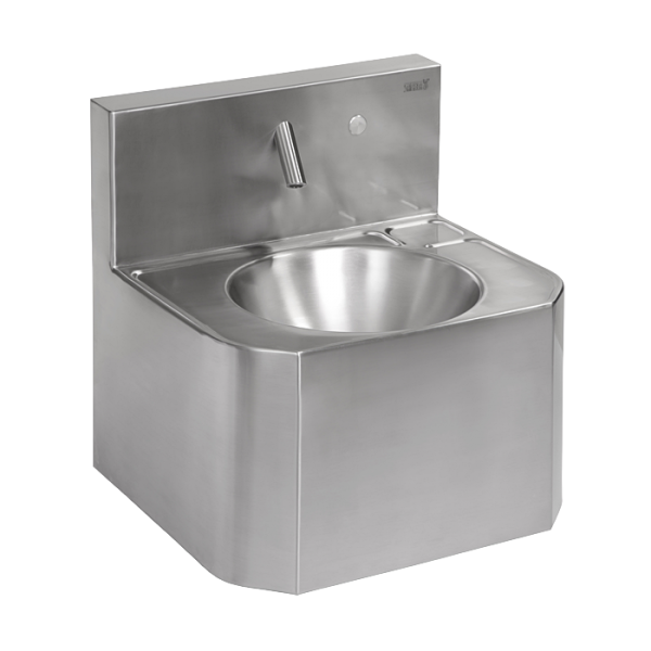 Vandal-proof stainless steel piezo wall-mounted washbasin, for cold or premixed water, 24 V DC