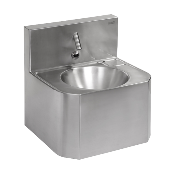 Vandal-proof stainless steel automatic wall-mounted washbasin, for cold and hot water, with thermostatic valve, 24 V DC