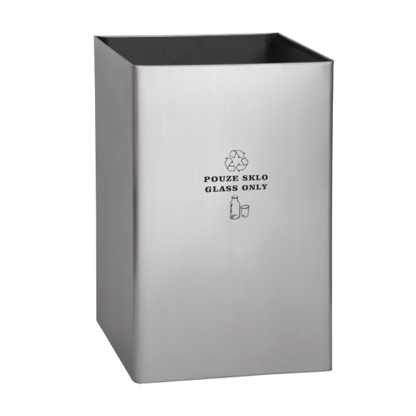 Stainless steel waste bin, legend GLASS ONLY