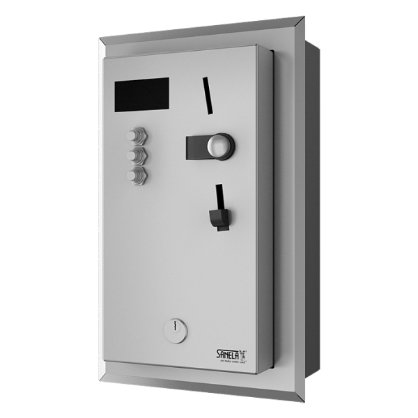 Recessed coin and token shower timer for one to three showers, 24 V DC, choice of shower by the user, interactive control 