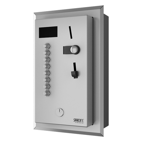 Reccesed coin and token shower timer for four to eight showers, 24 V DC, choice of shower by the user, interactive control