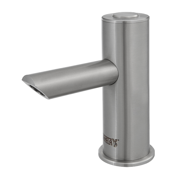 Piezo stainless steel washbasin tap for cold or premixed water, longer outlet arm, 24 V DC