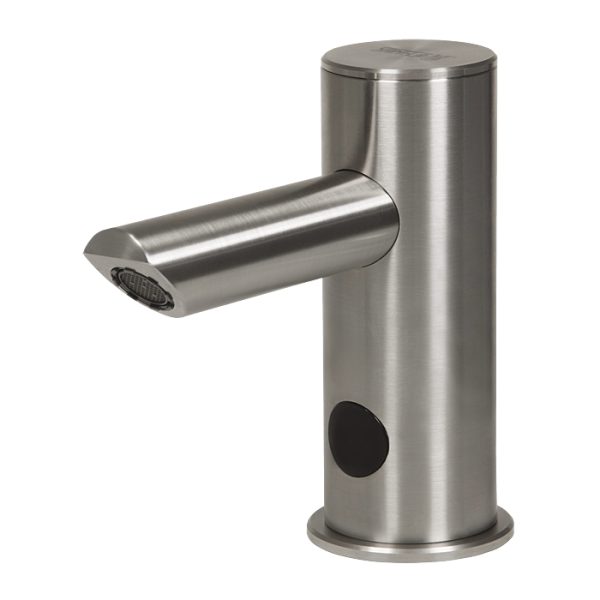 Automatic stainless steel washbasin tap, temperature is regulated by angle valves, longer outlet arm, 6 V