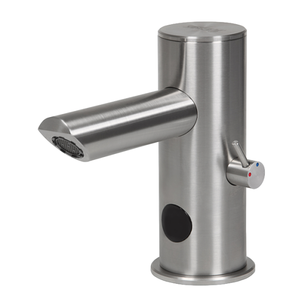 Automatic stainless steel washbasin tap with mixer, longer outlet arm, 6 V