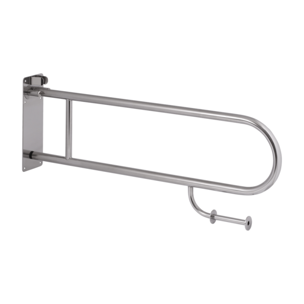 Stainless steel hand rail, folding, with toilet paper holder, length 830 mm, brushed