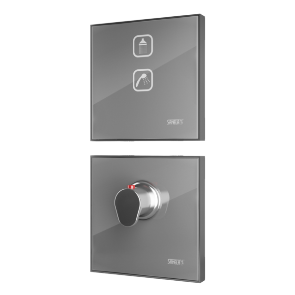 Electronic Touch Control for Head and Hand Shower  with Thermostatic Mixing Valve, colour light grey REF 9006, backlit of the symbol cyan, 24 V DC