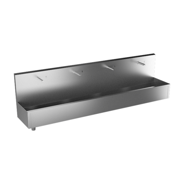Stainless steel wall hung trough with 4 integrated piezo electronic, thermostatic valve, length 2500 mm, brushed, 24 V DC