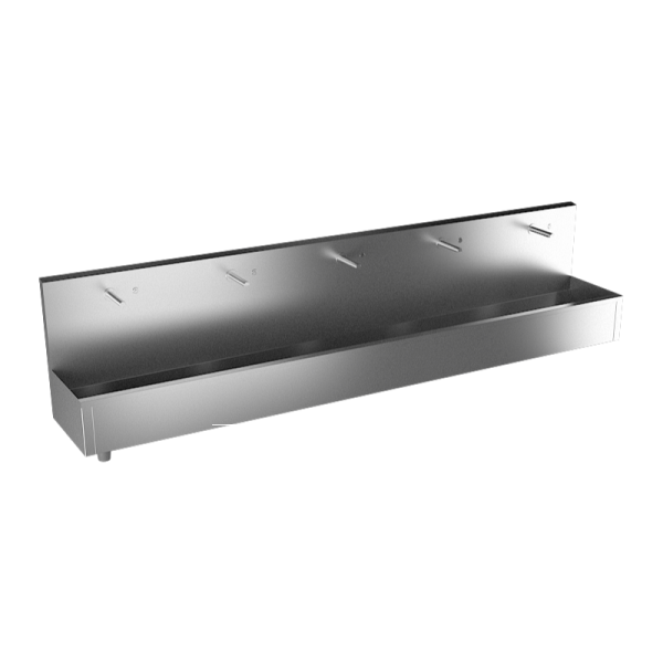 Stainless steel wall hung trough with 5 integrated piezo electronic, thermostatic valve, length 3000 mm, brushed, 24 V DC