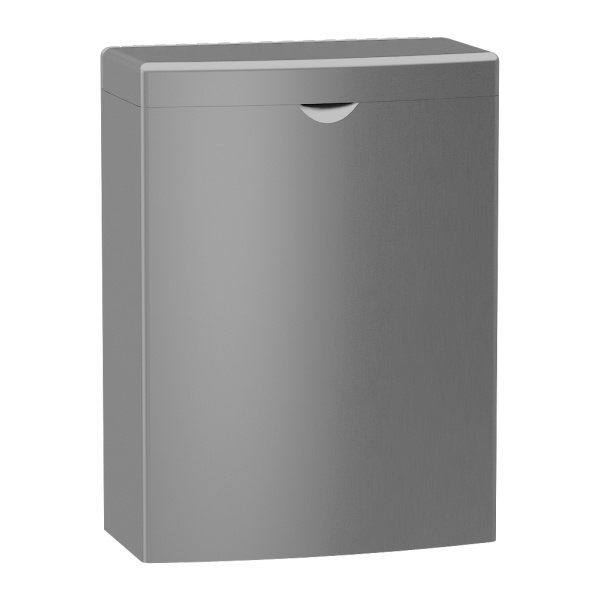 Stainless steel wall hung waste bin for sanitaries, volume 4,5 l, brushed