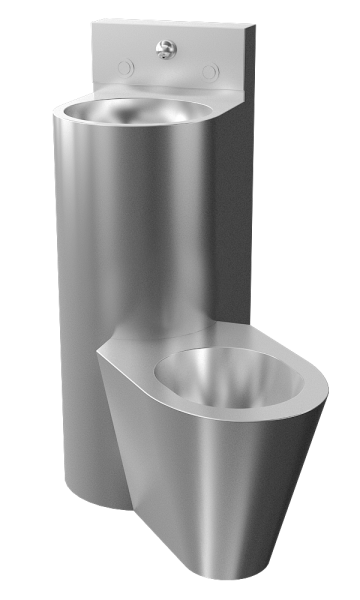 Vandal-proof corner combination unit, floor standing toilet on the right side
