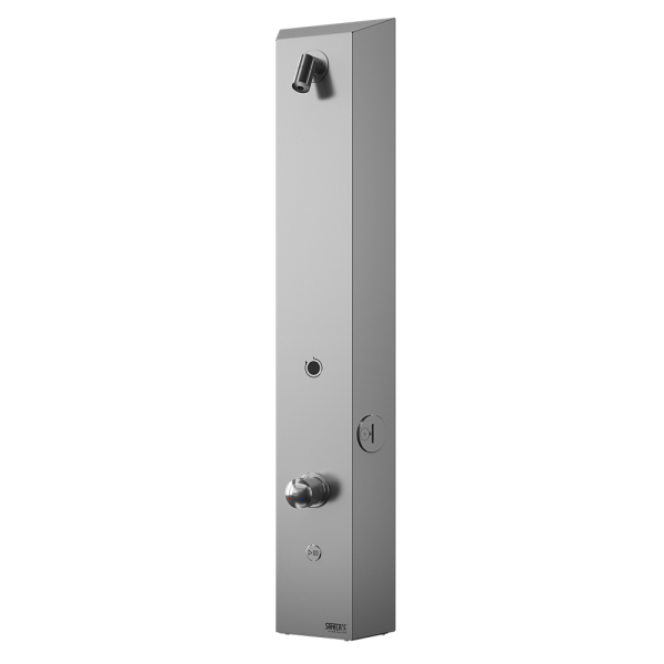 Stainless steel token shower panel, with mixer for cold and hot water, 24 V DC