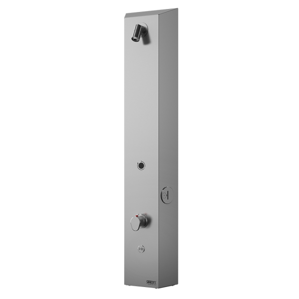 Stainless steel token shower panel, with thermostatic mixer for cold and hot water, 24 V DC