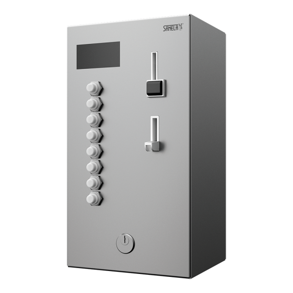 Coin and token shower timer for four to twelve showers, 24 V DC, choice of shower by the machine, interactive control