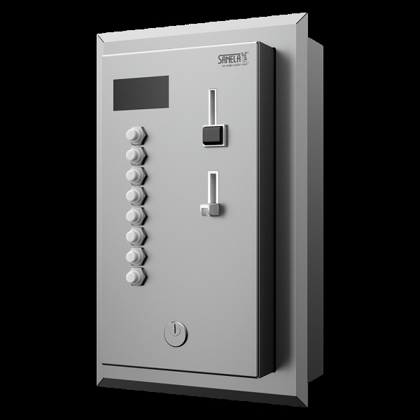 Recessed coin and token machine for two to eight single-phase appliances 230 V, choice by the user, 24 V DC