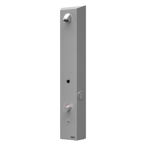Stainless steel token shower panel, with thermostatic mixer for cold and hot water, 24 V DC