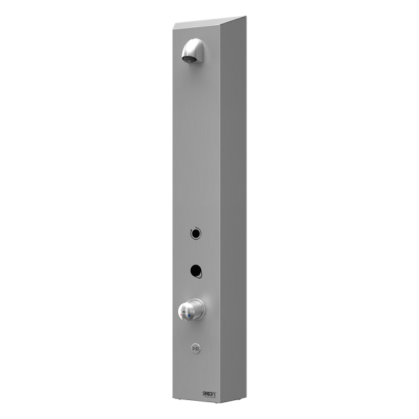 Stainless steel RFID token shower panel, with mixer for cold and hot water, 24 V DC