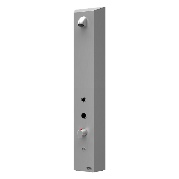 Stainless steel RFID token shower panel, with thermostatic mixer for cold and hot water, 24 V DC
