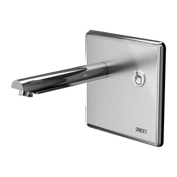 Wall-mounted piezo tap, spout of 182 mm, 6 V